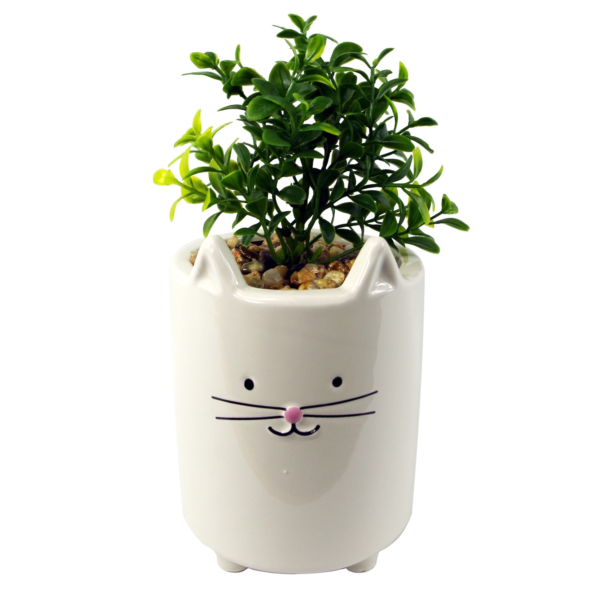 20cm Ceramic White Cat Planter with Artificial Foliage Plant