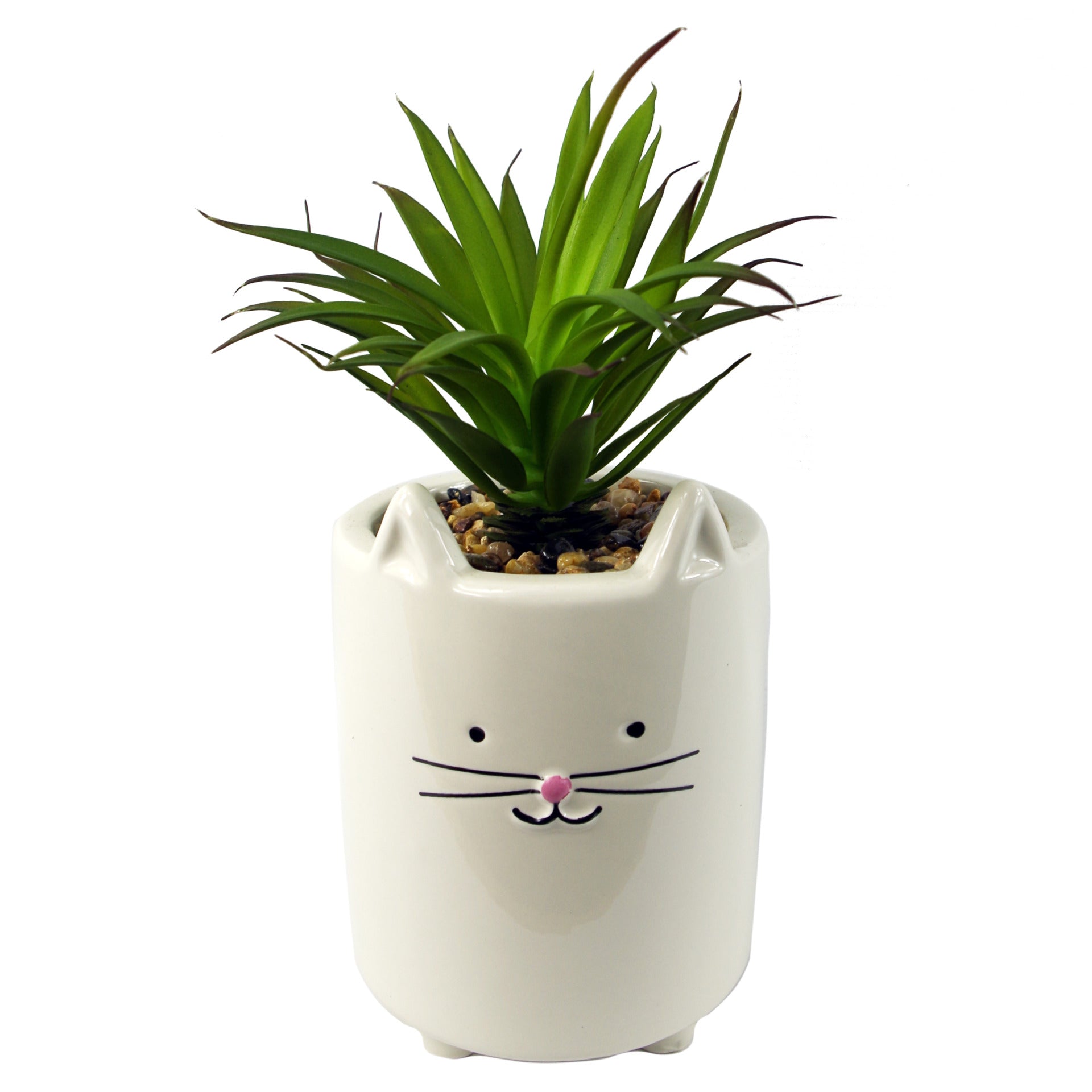 24cm Ceramic White Cat Planter with Artificial Green Succulent Plant