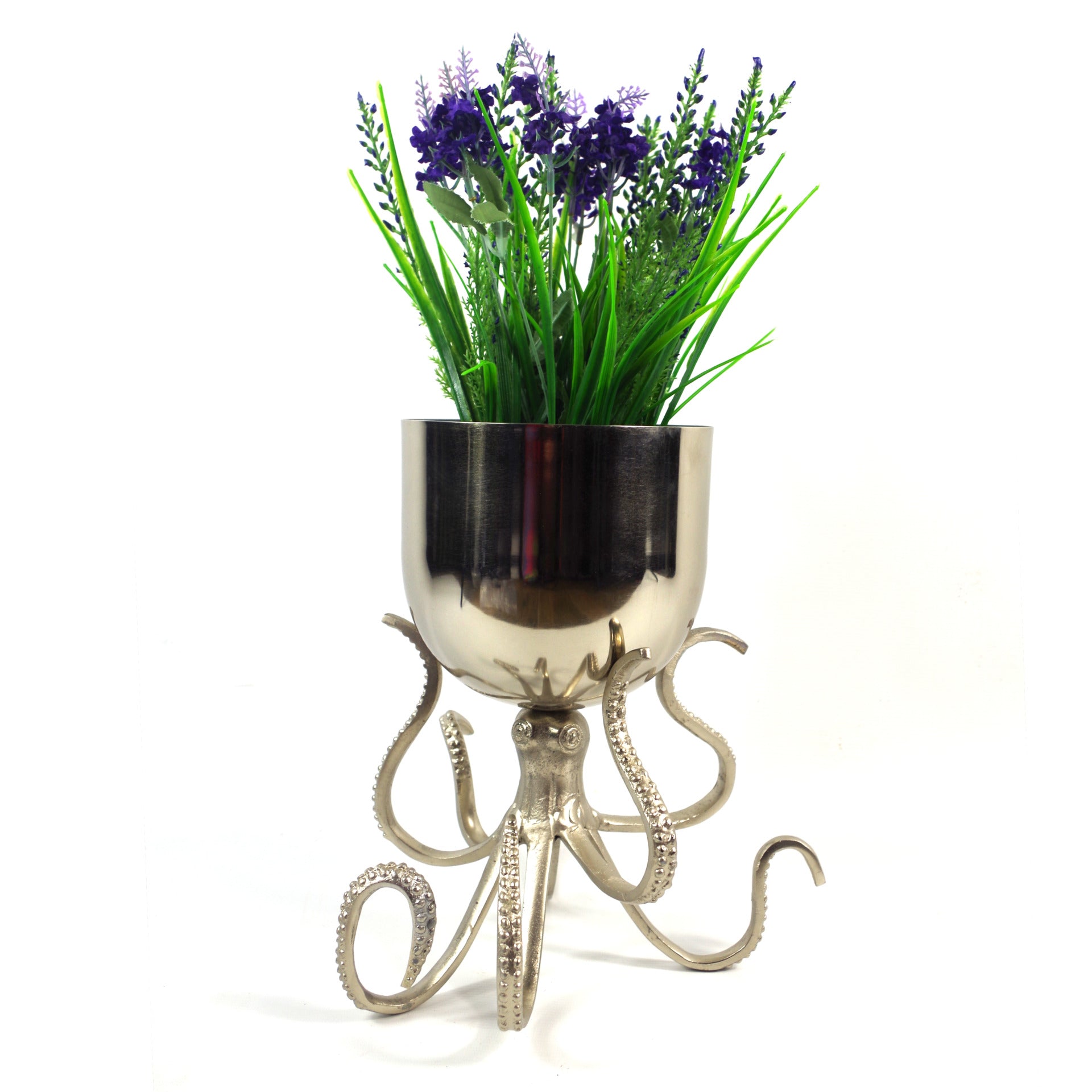 68cm Silver Metal Octopus Bowl Style Planter with Artificial Lavender