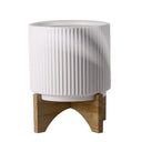 White Ribbed Ceramic Plant Pot with Bamboo Stand 14.5 x 14.5 x 19cm