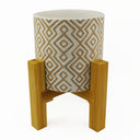 Grey Geometric Planter Plant Pot with Bamboo Stand 16 x 16 x 19cm