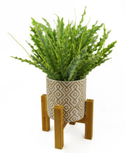 Grey Geometric Planter Plant Pot with Bamboo Stand 16 x 16 x 19cm