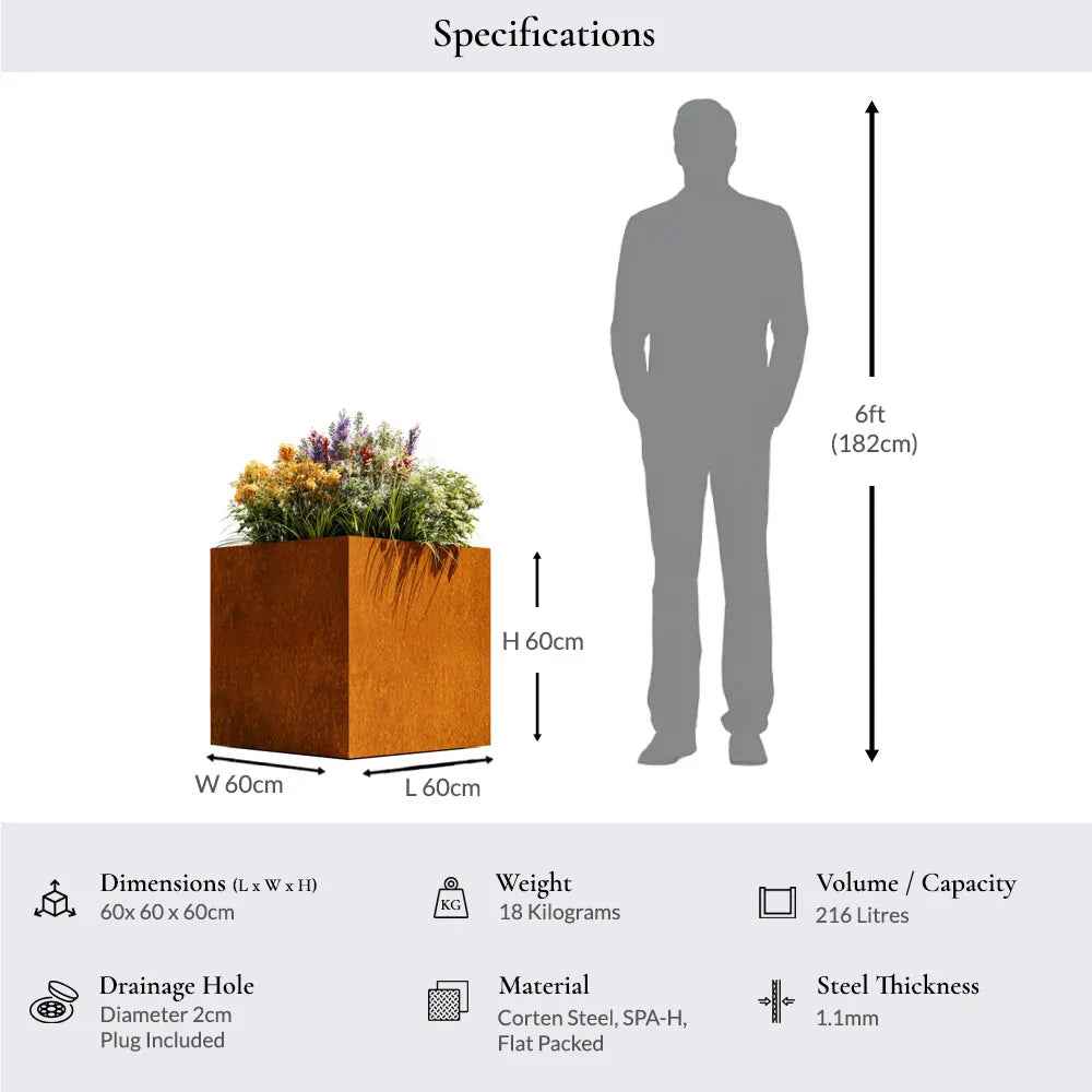 60cm Corten Steel Cube Planter - Pre-Rusted