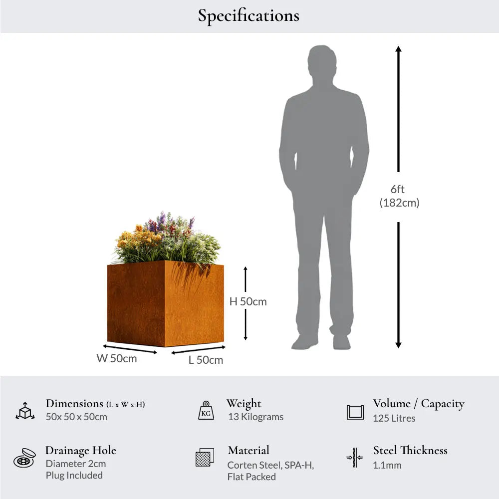 50cm Corten Steel Cube Planter - Pre-Rusted