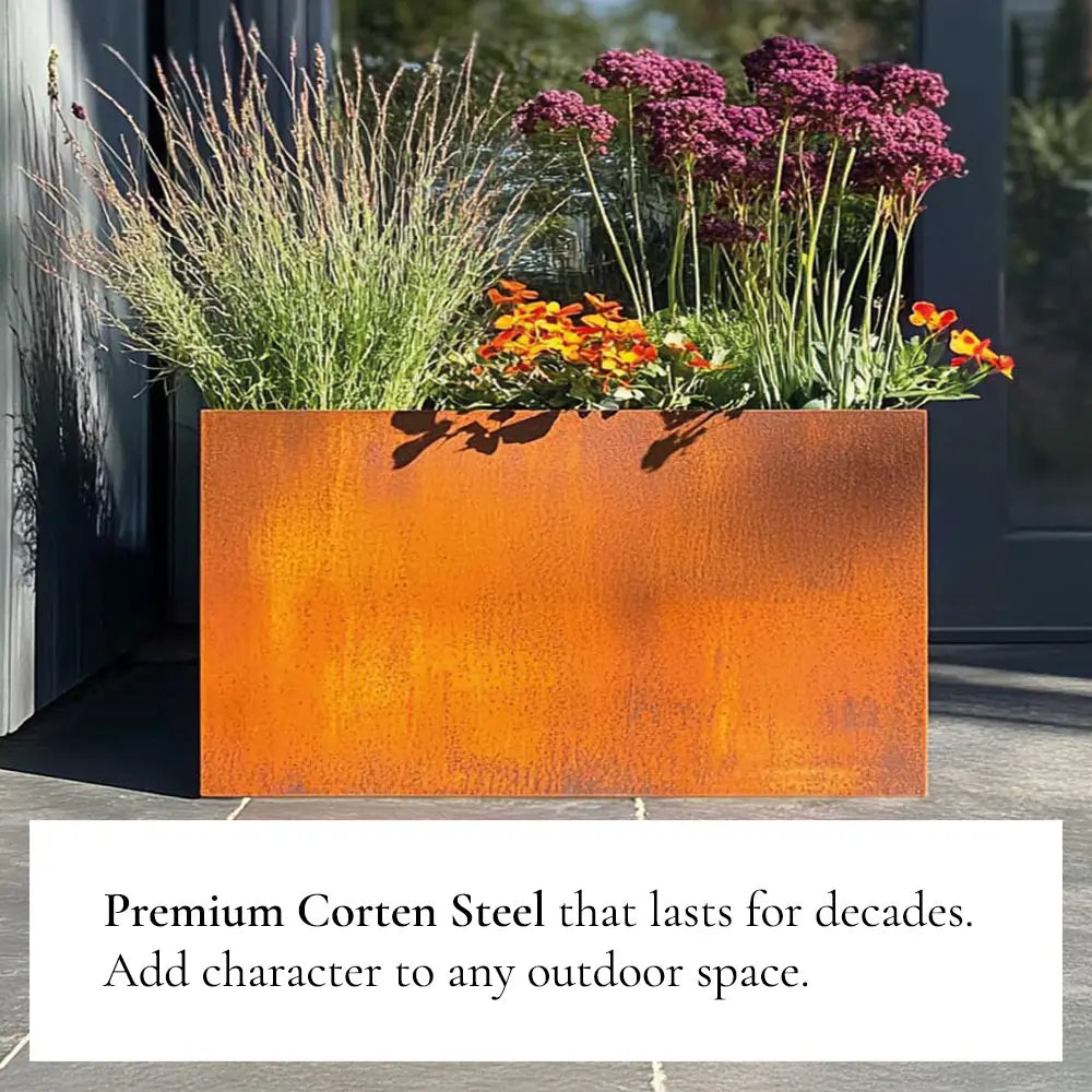 Corten steel planter with plants on a patio