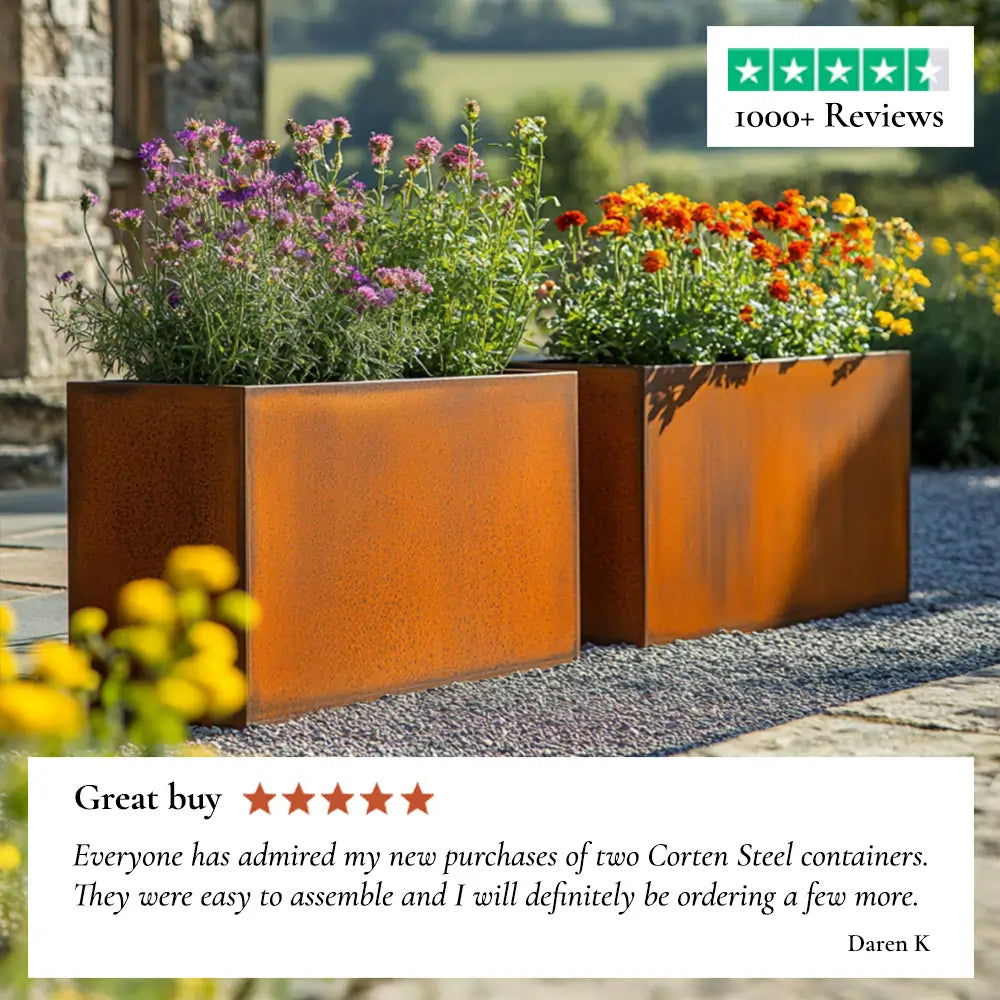 Corten steel planters with flowers in a garden setting, featuring a five-star review.