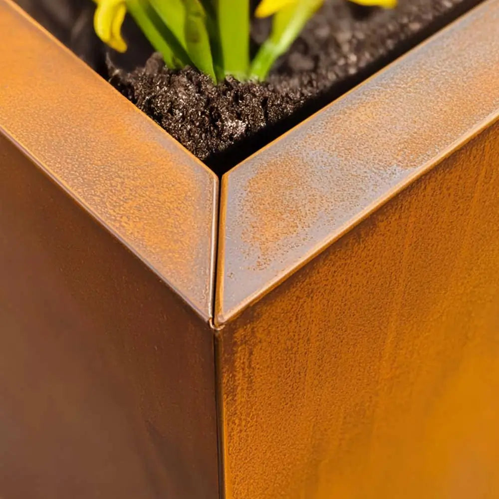 Close-up of a rusted metal planter with soil and green plants.