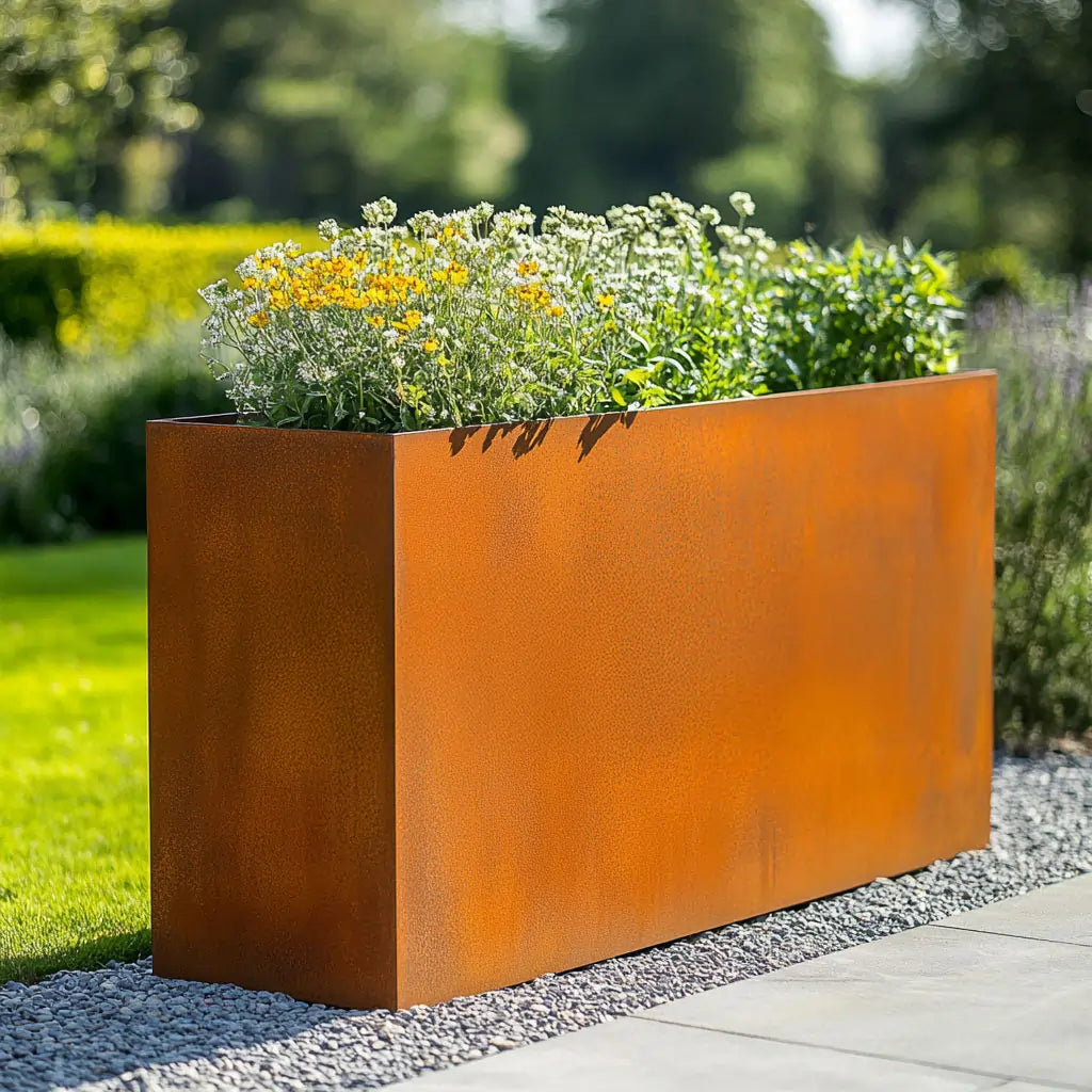 Corten steel metal planter with plants on a garden path