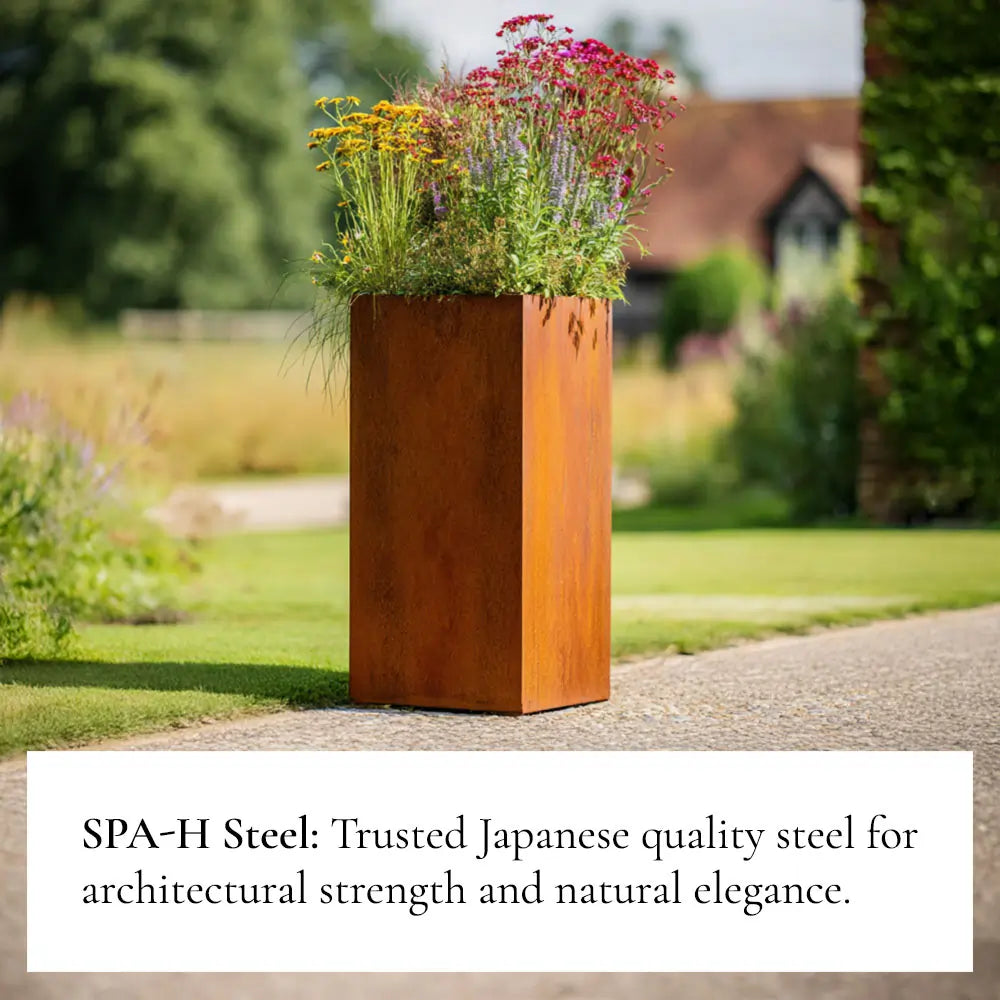 100cm Corten Steel Tall Square Planter - Pre-Rusted with Insert