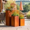 Three rusty corten metal planters with flowers on a patio