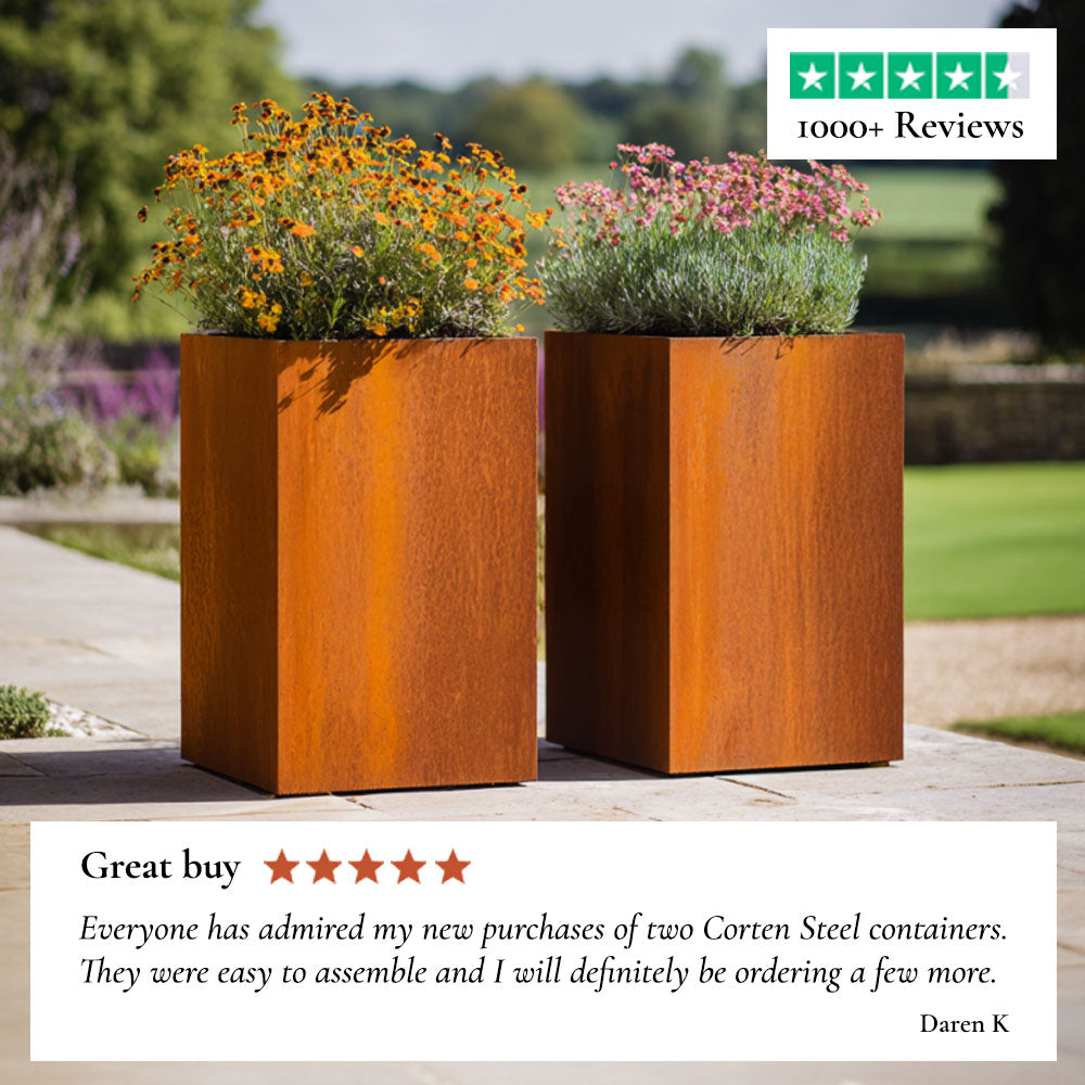 50cm Corten Steel Tall Square Planter - Pre-Rusted with Insert