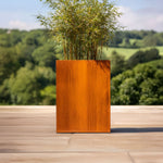 Corten steel planter with bamboo on a wooden deck overlooking a scenic landscape