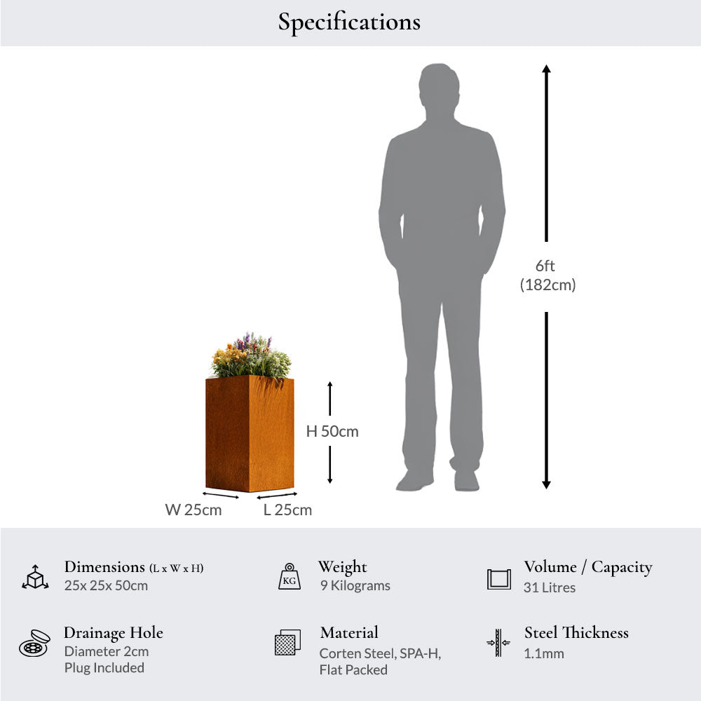 50cm Corten Steel Tall Square Planter - Pre-Rusted with Insert