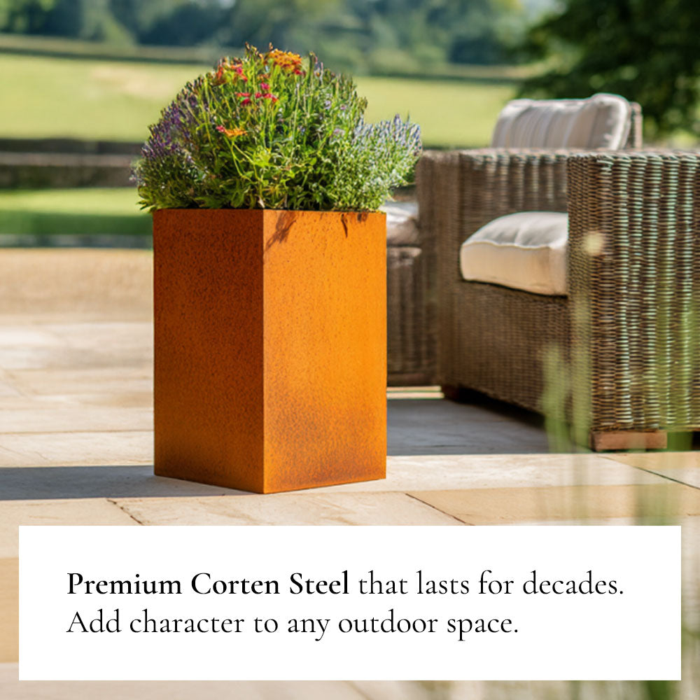 50cm Corten Steel Tall Square Planter - Pre-Rusted with Insert