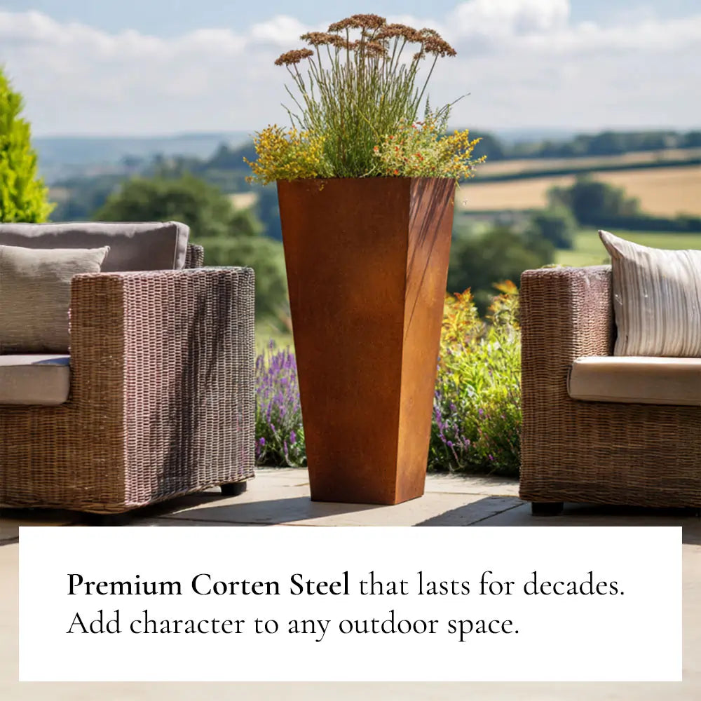 Outdoor setting with wicker chairs and a large Corten Steel planter with plants, text overlay about Corten Steel durability.