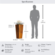 Measurement chart showing a plant pot with dimensions and a person for scale.