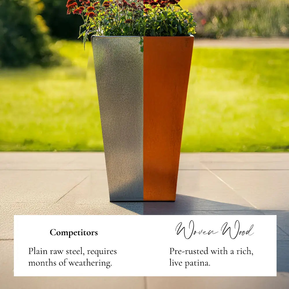 Two metal planters with flowers on a patio, one plain and one pre-rusted, with text comparing them.