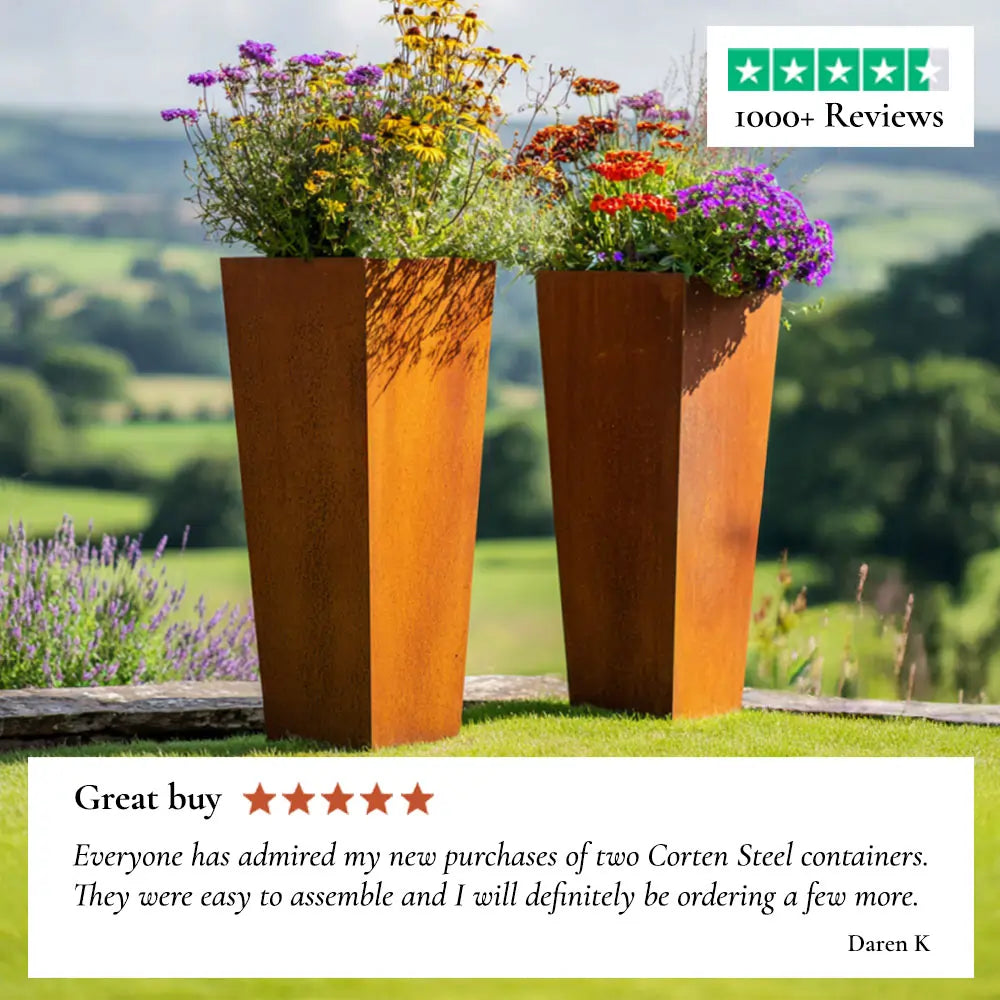 Two Corten Steel planters with flowers in a garden setting, featuring a five-star rating and customer review.