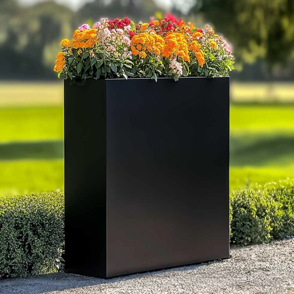 long matte black tall trough planter