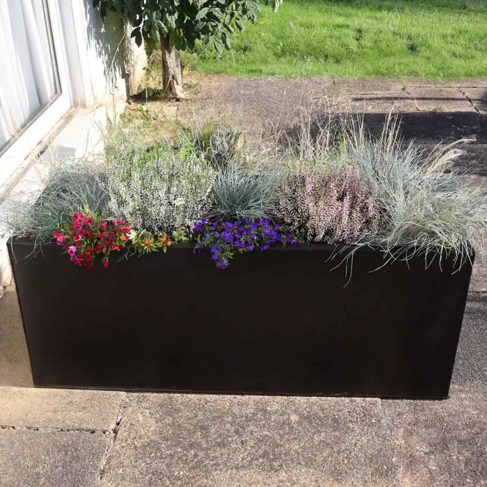 Matte Black Aluzinc Large Trough Planter With Flowers