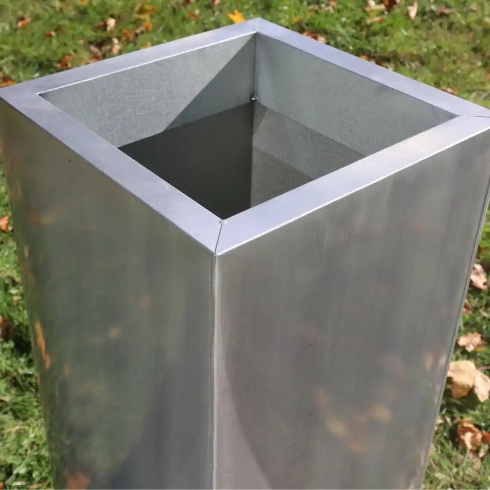 Tall square brushed silver planter woven wood