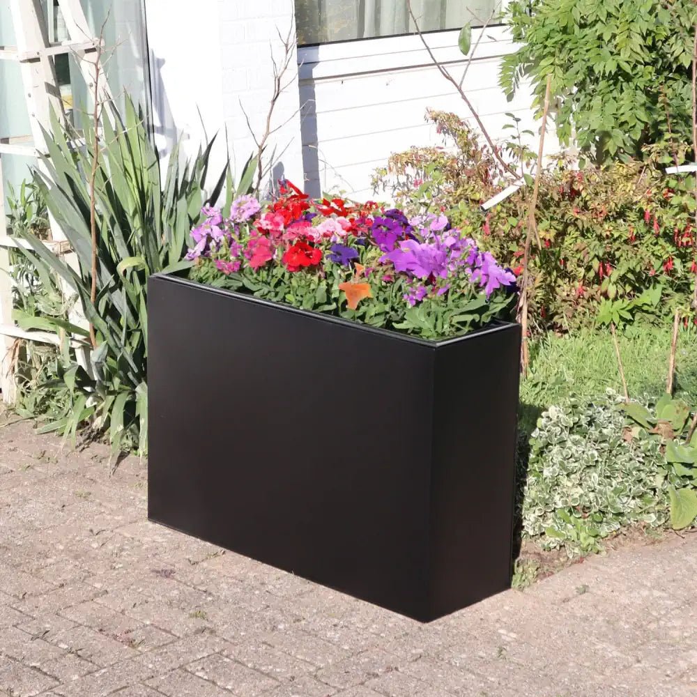 Premium woven wood trough planters with a 60 litre volume, available in matte black aluzinc