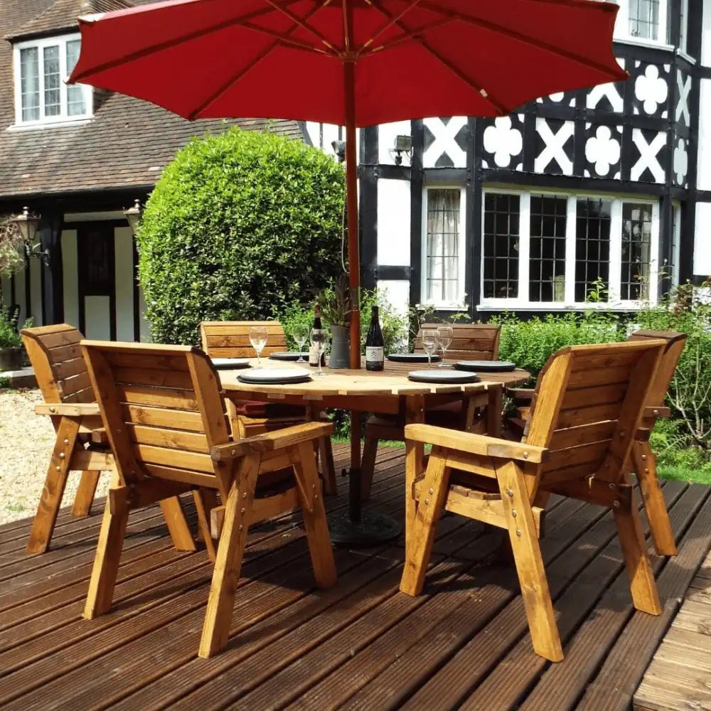 Wooden Garden Furniture Set with Umbrella: Enjoy summer meals outdoors with this elegant wooden garden furniture set featuring a spacious table, comfortable chairs, and a protective umbrella. 
