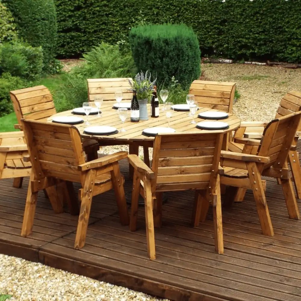 Elevate your garden dining experience with this elegant al fresco dining set, crafted from beautiful, weather-resistant wood.