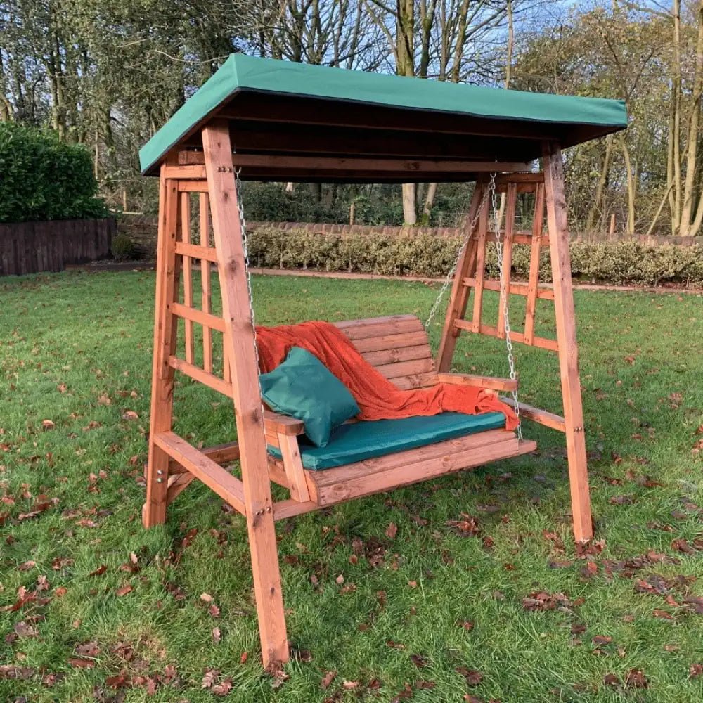 Charles Taylor Two Seat Swing with Green Roof Cover Woven Wood