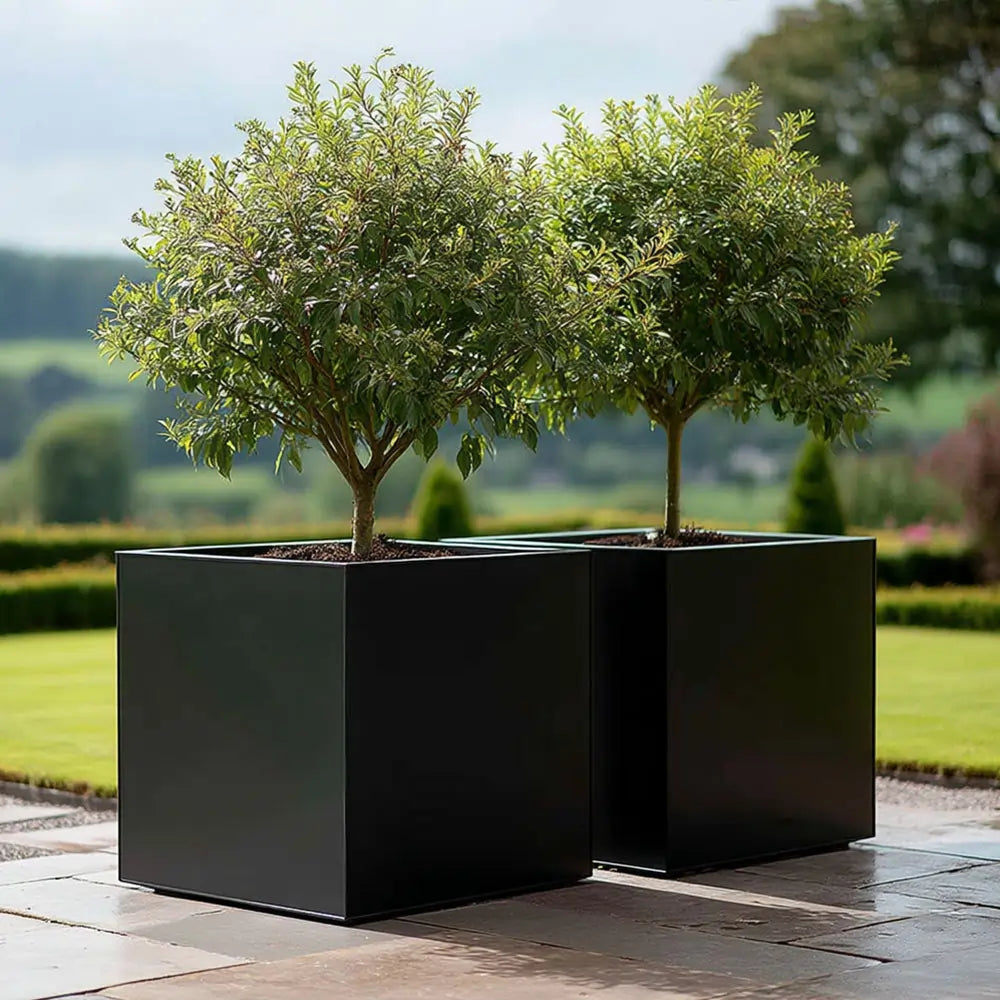 60cm plant pot 60cm Zinc Galvanised Matte Black Square Planter – Woven Wood