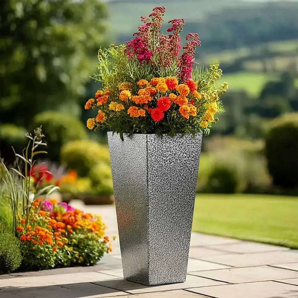 90cm plant pot 90cm Zinc Galvanised Silver & Black Textured Tall Tapered Square Plant – Woven Wood