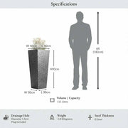 90cm Zinc Galvanised Silver & Black Textured Tall Tapered Square Planter