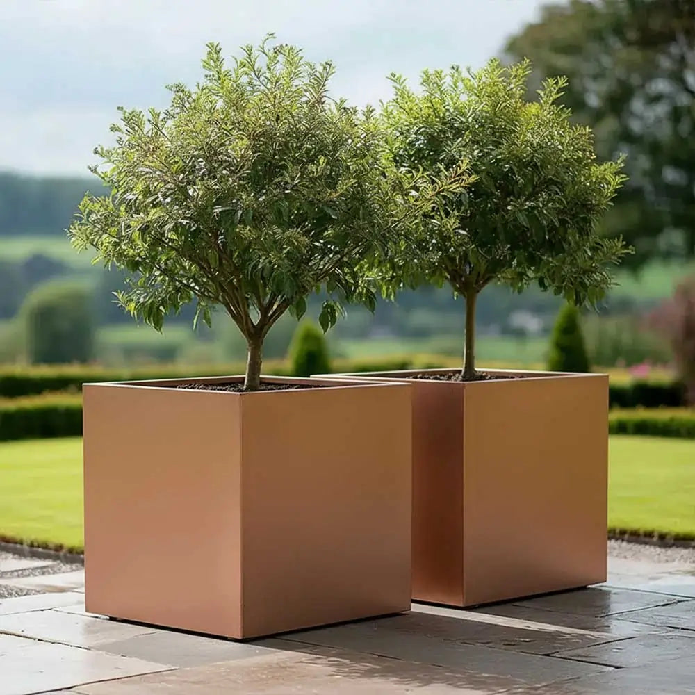 medley square copper plastic planter 60cm Zinc Galvanised Copper Square Planter – Woven Wood