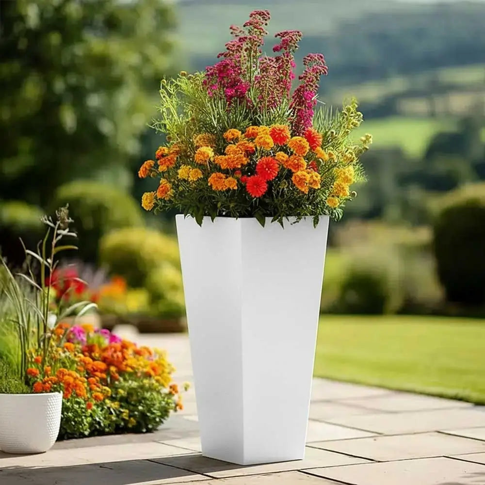 90cm Zinc Galvanised Matte White Tall Tapered Square Planter – Woven Wood