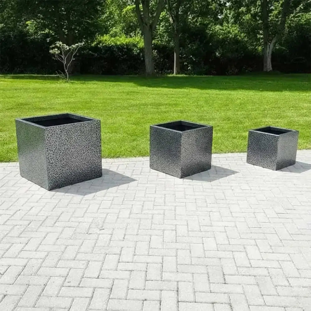 dark grey square plant pots 50cm Mottled Zinc Galvanised Silver & Black Textured Square Planter – Woven Wood