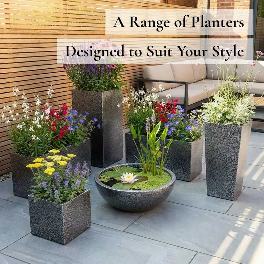 plant pots range 70cm Zinc Galvanised Silver & Black Textured Tall Tapered Square Plant – Woven Wood