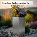 100cm Zinc Galvanised Silver & Black Textured Tall Square Planter