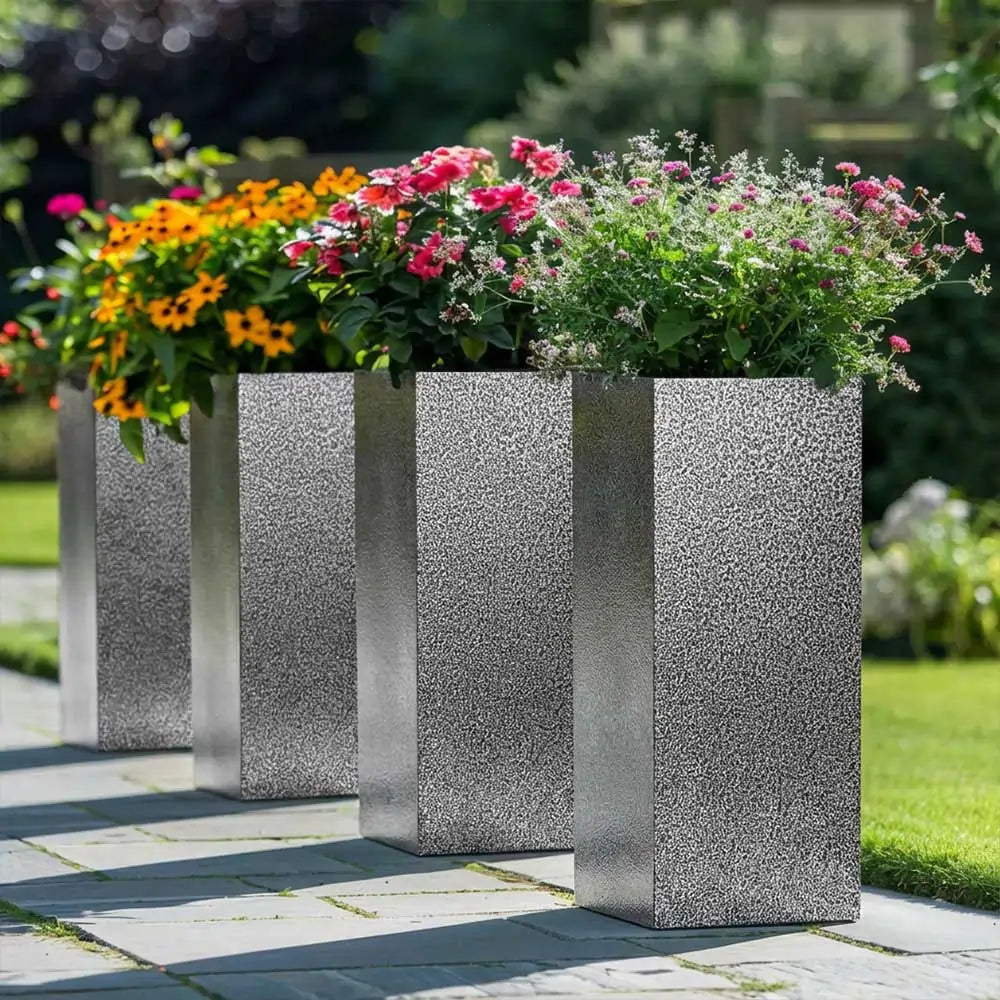 large galvanised plant pots 100cm Zinc Galvanised Silver & Black Textured Tall Square Planter – Woven Wood