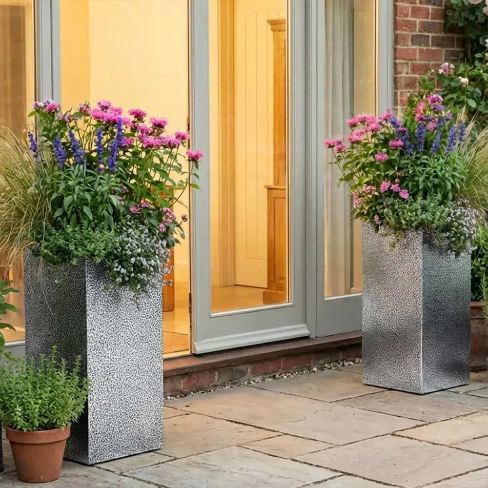 silver plant pots outdoor 100cm Zinc Galvanised Silver & Black Textured Tall Square Planter – Woven Wood