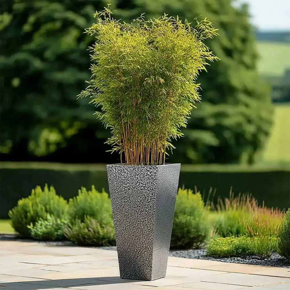 tall outdoor plant pots uk 70cm Zinc Galvanised Silver & Black Textured Tall Tapered Square Plant – Woven Wood