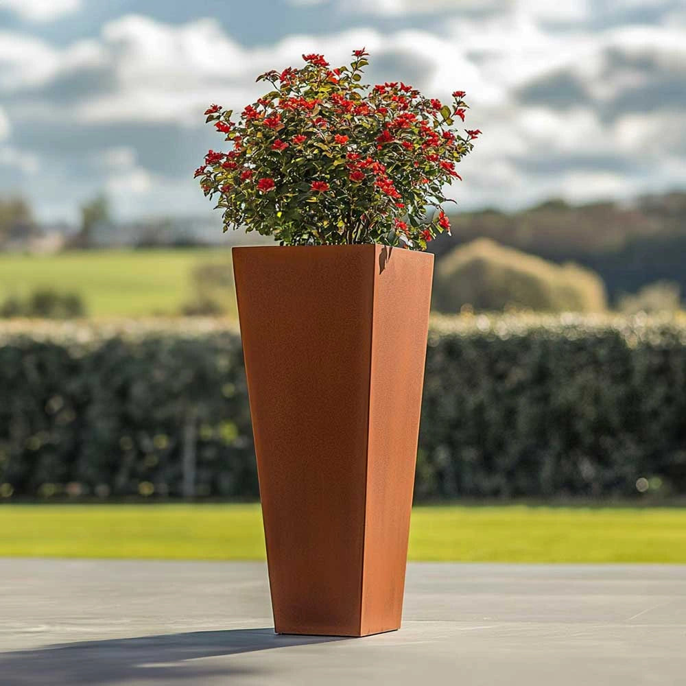 70cm Corten Steel Tall Tapered Square Planter - Pre-Rusted with Insert