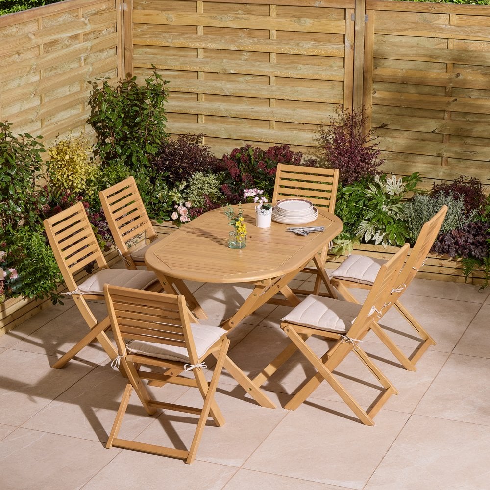 Ashdown Folding 6 Seat Oval Dining Set With Cushions – Woven Wood