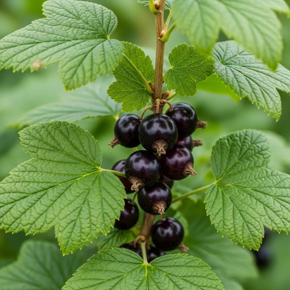 Cluster of ripe 'Ben Hope' Blackcurrants hanging from a branch with vibrant green leaves, set against a blurred natural background.