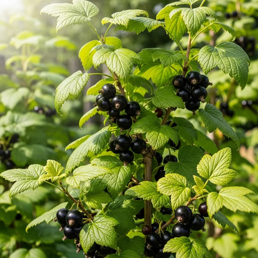 Ben Sarek Blackcurrant Bush, laden with ripe, dark berries & vibrant green leaves, bathed in sunlight in a lush garden.
