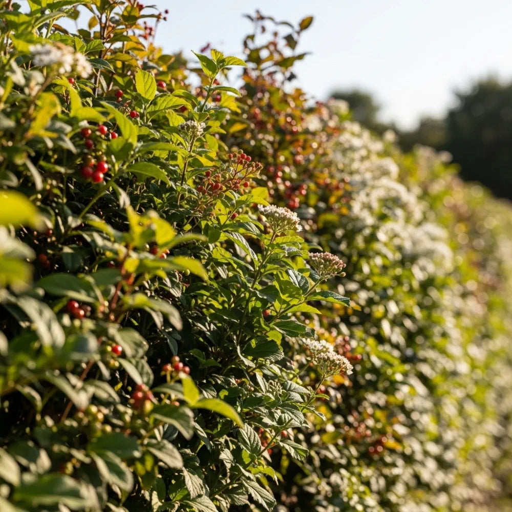 Dense green **Elaeagnus** hedge with clusters of red berries and white flowers, bathed in warm sunlight, creating a vibrant and lush garden scene.