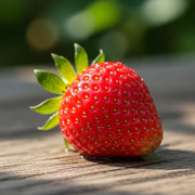 Ripe red 'Grower's Choice' strawberry with green leaves resting on a wooden surface, highlighted by sunlight, with a blurred natural background.