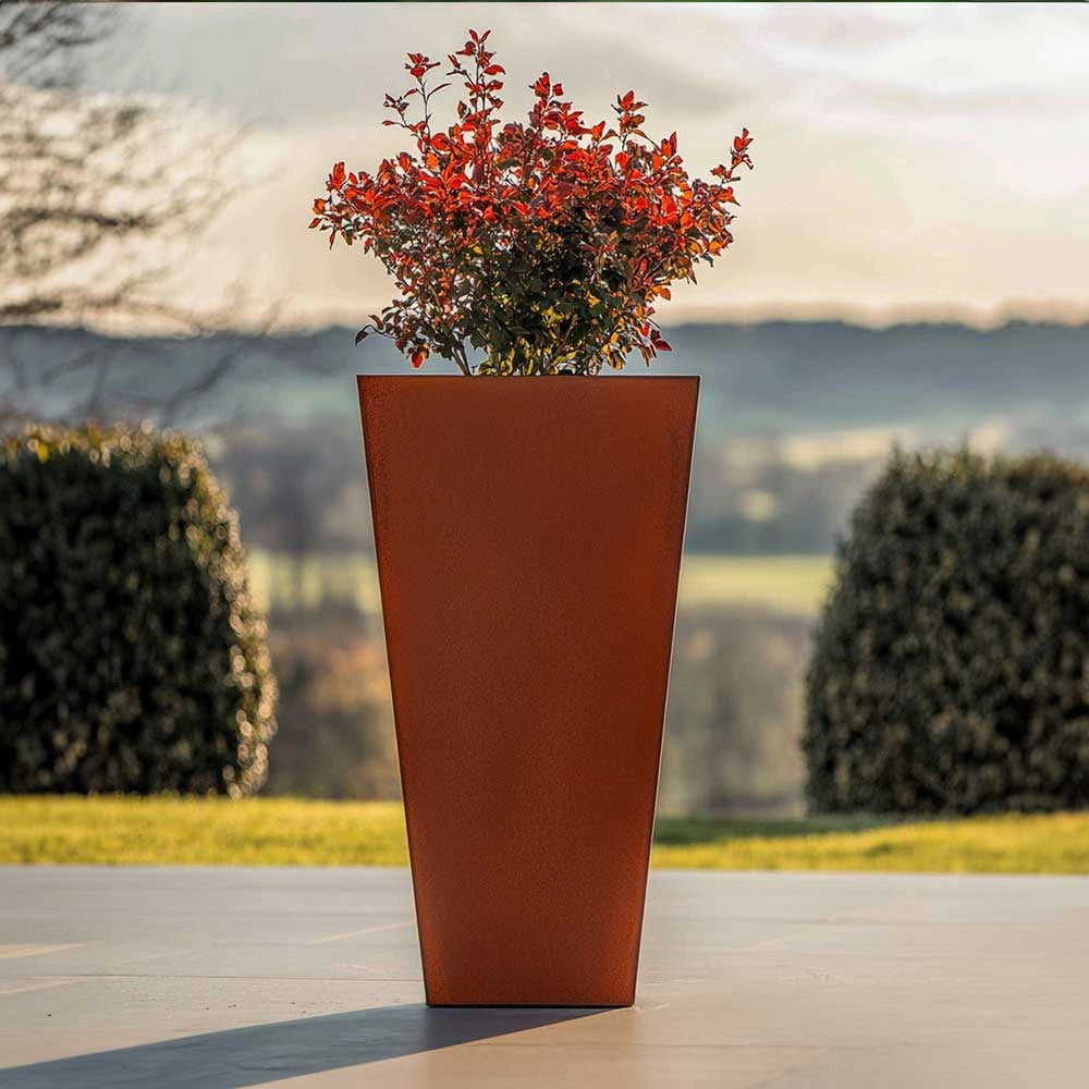 90cm Corten Steel Tall Tapered Square Planter - Pre-Rusted with Insert