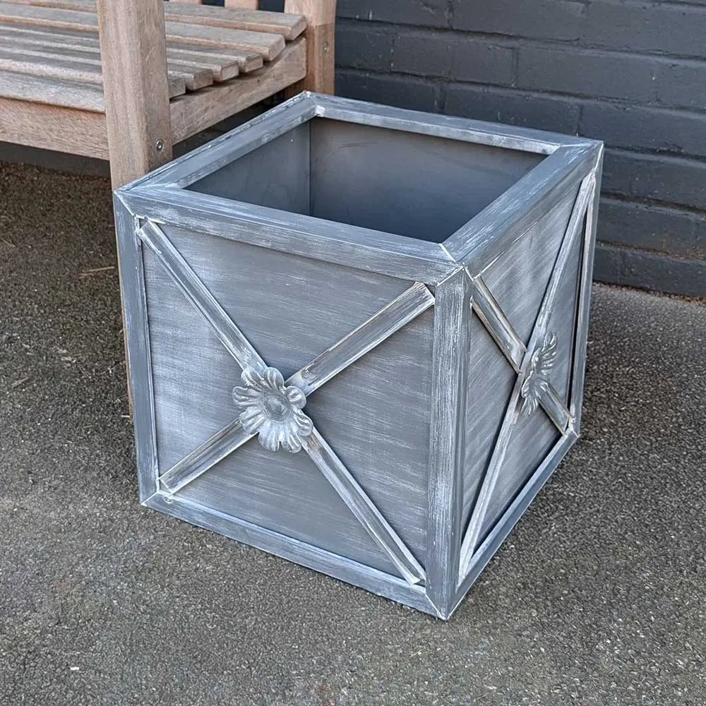 Brushed Grey Cube Planter with Frame Petal Flower