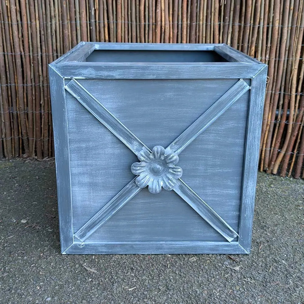 Brushed Grey Cube Planter with Frame Petal Flower (Edition of 1)