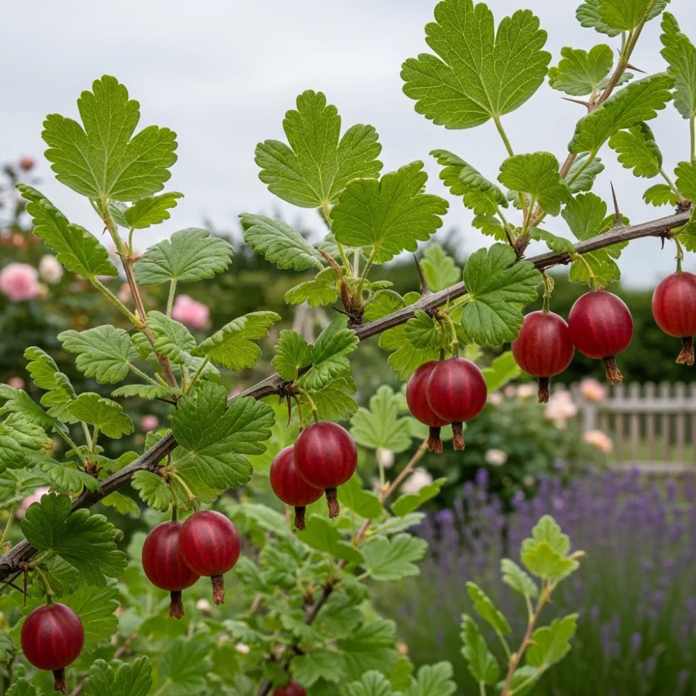 Branch with ripe red 'Captivator' gooseberries and green leaves in a garden setting, with blurred flowers and a wooden fence in the background.